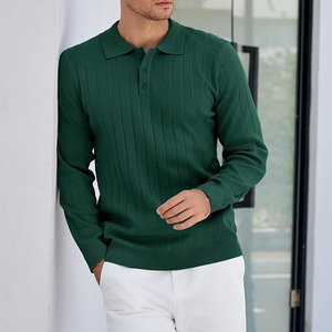 <b>Men's</b> Knitted Long Sleeve Polo Sweater Solid Color Autumn Casual Pullover Full Sleeve Button Closure Green - Product Image 3