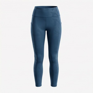 Leggings de Yoga de Cintura Alta hasta el Tobillo con Bolsillos, Diseño Sin Costuras de Nailon y Spandex Azul Sólido - Product Image 1