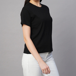 Camiseta de Manga Corta para Mujer, Cuello Redondo, Color Negro, Corte Regular, Algodón, Estilo Casual, para Verano, Venta al Por Mayor, Alta Demanda - Product Image 2