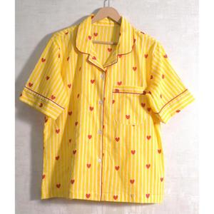 Women Yellow Striped Heart Print Cotton Pajama Set Short Sleeve Turn-Down Collar <b>Button</b> Fly Sleepwear Casual Summer - Product Image 2