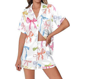 Ensemble de pyjama en satin pour femmes, manches courtes, imprimé panda, col rabattu, fermeture à boutons, vêtements de nuit d'été, vêtements décontractés - Product Image 6
