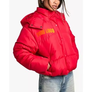 Chaqueta Acolchada Roja para Mujer, con Capucha, Manga Larga, Abrigo de Invierno, Cierre de Cremallera, Logotipo Estampado, Relleno de Poliéster, Tejido de Tela - Product Image 5