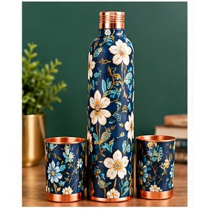 Modern Navy Blue Gold Floral Printed <b>Copper</b> <b>Water</b> <b>Bottle</b> with Matching Cups Portable Drinkware for Travel Metal Insulated Set - Product Image 1