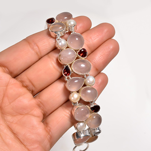 Pulsera de Cuarzo Rosa Natural, Granate y Perla de Agua Dulce, Plata de Ley 925, Hecha a Mano, con Gemas, para Navidad - Product Image 4