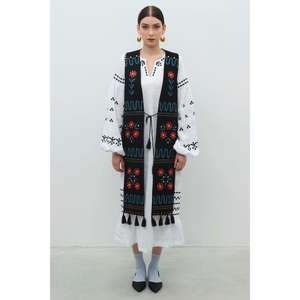 Wholesale <b>Women</b> <b>White</b> Embroidered Long Midi Dress with Black Ethnic Vest Floral Boho Eco-Friendly Natural Waist Kurti Set - Product Image 1