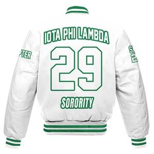 Veste universitaire personnalisée pour femmes Iota Phi Lambda, blanche, avec écusson à lettres grecques, numéro de sororité et année, style bomber - Product Image 6
