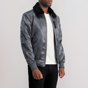 Men Classic Grey Satin Bomber <b>Jacket</b> with Black Faux Fur Collar Zipper Up Shiny Silk Flight <b>Jacket</b> Casual Winter Outerwear Coat - Product Image 3