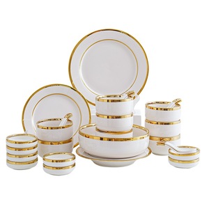 Polished White Ceramic Porcelain Dinnerware Set Two-tone Gold Rim Glossy Surface Bpa-free Luxurious Simplicity Leak-<b>proof</b> - Product Image 5