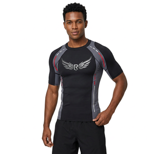 Men's <b>Black</b> Short Sleeve Rash Guard With <b>Wing</b> Logo Quick Dry Compression Shirt - Product Image 1