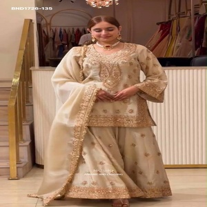 Heavy Chinon Silk with 5mm Sequence work & Bell Sleeve-<b>Beads</b> Border Short-Suit-5mm Plazzo-Set Indian Exporter Woman Fashion - Product Image 1