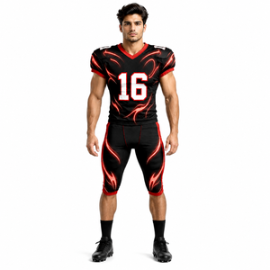 Uniforme de Fútbol Americano Personalizado para Hombre, Negro y Rojo, Impresión por Sublimación, Conjunto de Pantalones y Jersey de Poliéster Transpirable, Número 16 - Product Image 3