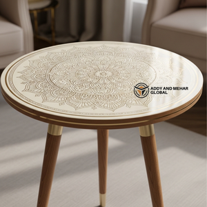 White Meena Print Round Wooden <b>Stool</b> Classic Decorative <b>Stool</b> for Living Room & Bedroom - Product Image 6