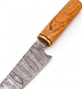 Couteau de chef Bunka artisanal en acier Damas avec manche en bois d'olivier naturel et collier en laiton - Product Image 5