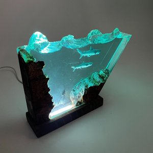 Handmade Ocean Scene <b>Resin</b> Art <b>Table</b> Lamp with <b>Wood</b> Base Made in Vietnam - Product Image 3
