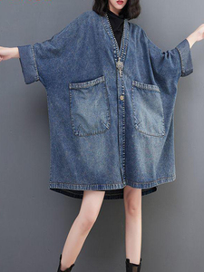 Womens Oversized Denim Cardigan <b>Jacket</b> V Neck Loose Button Wide Sleeve Large Pockets Faded Blue Quick-Drying Breathable - Product Image 2