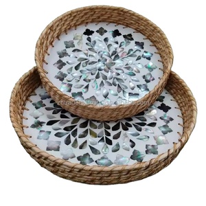 Hermoso juego de bandejas redondas de ratán tejidas a mano, asequibles y adornadas con Incrustaciones de nácar, ideales para regalos de restaurantes y hoteles - Product Image 5