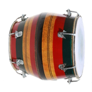 Tambour coloré de style tambourin avec extrémités roses, bandes centrales jaune-blanches et pinces métalliques, tabla en bois à prix de gros. - Product Image 4
