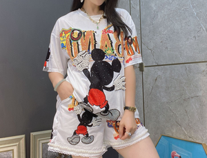 Nuevo Estilo Conjunto de Dos Piezas de Camiseta con Pedrería Resistente y Pantalones Cortos de Talla Grande para Mujer, Atuendo Casual de Manga Corta, Exportación - Product Image 5