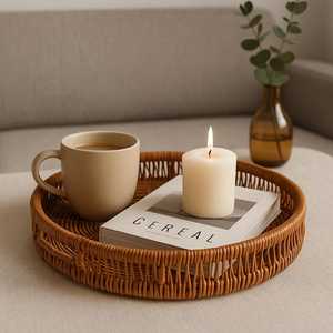Plateau de service en rotin tressé, best-seller, avec poignées, pour café, collations, petit-déjeuner, plateau de service en canne pour la cuisine et la table - Product Image 5