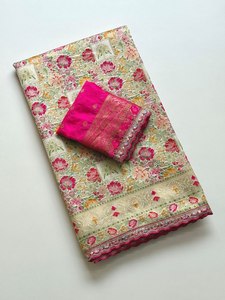Sari en soie de Cachemire Pashmina Grace Royal, traditionnel, élégant, pour mariage, avec richement orné, et pièce de chemisier assortie, taille XL - Product Image 1