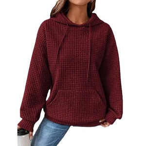 Sudadera con capucha holgada con textura de gofre para mujer de otoño, mangas caídas sólidas con Jersey y bolsillo, tela de rizo informal - Product Image 6