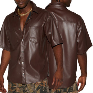 Men's Brown Faux Leather Short Sleeve Casual <b>Shirt</b> With <b>Button</b> Closure And Chest Pockets Turn-down Collar - Product Image 1