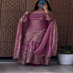 Trending Pink Embroidered Crepe Silk Flared Sharara Suit Women's Summer Wedding Party Wear <b>Eid</b> Traditional Indian <b>Pakistani</b> - Product Image 1