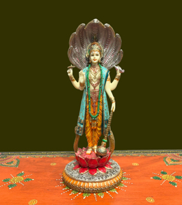 Statue Artisanale en Résine Effet Marbre du Dieu Vishnu - Idole de Vishnu Chaturbhuja Debout avec Capuchon Sheshnaag pour Décoration de Temple Domestique Diwali - Product Image 1
