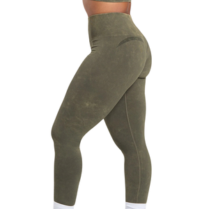 Women's High Waisted Acid Wash <b>Seamless</b> <b>Leggings</b> Olive Green Ribbed Yoga Pants for Gym Workout Fitness and Trendy Athleisure - Product Image 3