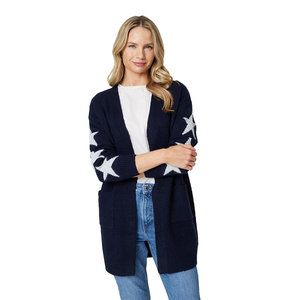 Cárdigan Largo de Punto para Mujer, Azul Marino con Diseño de Estrellas, Cuello en V, Manga Larga, Estilo Casual para Otoño - Product Image 3