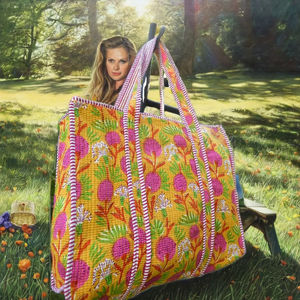 Sac fourre-tout d'été matelassé en coton imprimé à la main indien pour femme, motif géométrique multicolore avec fermeture éclair - Product Image 3
