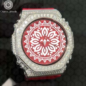 Charm Jewells Luxury Stainless Steel <b>Watch</b> Red Dial <b>Diamond</b> Bezel Analog Quartz Polygon Case Silicone Band Unisex - Product Image 6