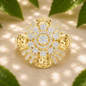 Bagues de luxe vintage à halo floral, bagues statement en or jaune 18 carats avec diamant de laboratoire rond DEF VVS, bagues de mariage royales raffinées - Product Image 1