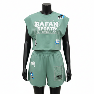 Conjunto de Camiseta sin Mangas y Pantalones Cortos para Mujer, 100% Algodón, 240 GSM, Algodón Premium, Verde Salvia, Panel con Parche, Estampado Personalizado - Product Image 6