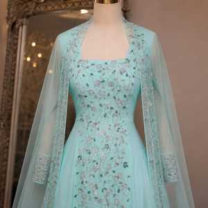 ชุดราตรีทรงเอไลน์สีฟ้าอ่อนปักลายหรูหรา แขนเสื้อคลุมโปร่งบาง ดีไซน์เนอร์แม็กซี่เดรสสำหรับผู้หญิง งานแต่งงาน งานเลี้ยง งานพิธีการ - Product Image 2