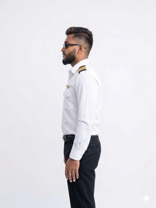 Chemise blanche à manches longues pour pilote homme avec épaulettes dorées et emblème d'ailes pour utilisation en avion. - Product Image 5