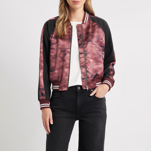 Veste universitaire pour femme, motif tie-dye, manches noires, corps bordeaux, fermeture éclair intégrale, coupe courte - Product Image 1