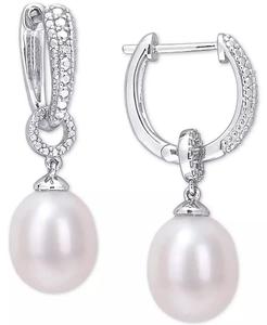 Pendientes colgantes de perla de agua dulce cultivada (8mm) y acento de diamante en plata de ley | Macy's - Product Image 1