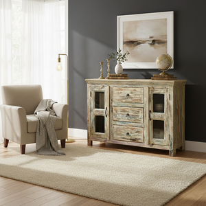 Buffet rustique en bois de récupération blanchi à la chaux, solide et durable, avec 2 portes en verre et 3 tiroirs, style shabby chic - Product Image 1