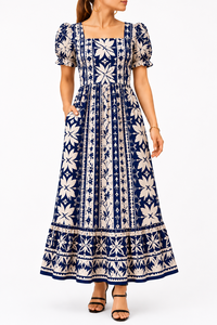 Vestido Mumu Micronésico Personalizado, Vestido Maxi con Estampado Tribal Polinesio Tapa, Mangas Abullonadas, Ropa de Moda Cultural Isleña, OEM - Product Image 3