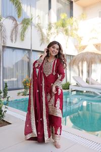 Latest <b>Women</b> <b>Wedding</b> Wear Fendy Silk with Codding Sequins Embroidered Work Salwar Kameez <b>Suit</b> with Lace Border Dupatta Dress - Product Image 6