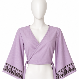 Top cruzado de lavanda con cuello en V y manga larga, estilo bohemio, con bordes estampados, tirantes ajustables, ideal para el verano. | Diario - Product Image 1