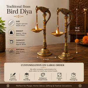 Lampe à huile suspendue Hamsa en laiton faite à la main, style traditionnel Hamsa Vilakku, chaîne Diya, Deepam pour temple, fabricant et fournisseur OEM en gros - Product Image 6