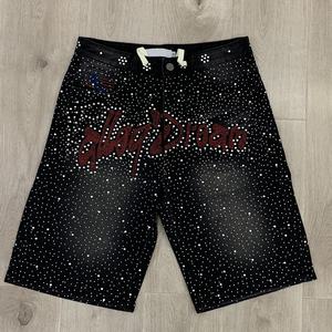 Nouveaux shorts en jean personnalisés à la mode, shorts en jean entièrement ornés de strass, unisexes, logo avant, coupe ample, streetwear, jean de luxe - Product Image 1