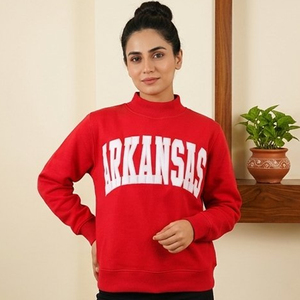 Women's Red Turtleneck <b>Sweatshirt</b> With <b>White</b> Arkansas Letter Print Full Sleeve Knitted Cotton Autumn Wear - Product Image 1