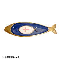 Bandeja Decorativa de Aluminio Hecha a Mano con Forma de Pez, con Bordes de Latón Dorado Esmaltado Estilo Marina Real y Motivos Simbólicos KENWAY SARTAJ