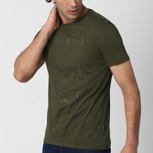 T-shirt à manches courtes pour homme, vert olive, col rond, coupe classique, couleur unie, vêtement décontracté, jersey en coton tricoté - Product Image 6