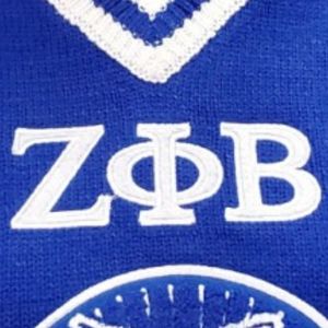 ZΦB Zeta Phi Beta Chenille & Embroidery V-Neck Sweaters Full Sleeve Knitted Pullover Blue White Logo Front - Product Image 4