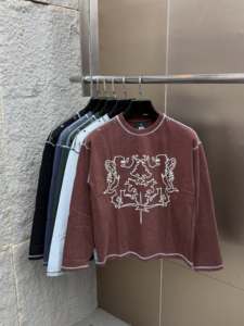 T-shirt à manches longues surdimensionné pour homme avec motif lion, bordure contrastée, col rond, jersey décontracté, tricoté, 100% coton, haut éco-responsable - Product Image 1