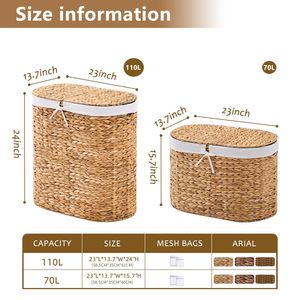 Cesto Portabiancheria Ovale con Coperchio in Giacinto d'Acqua Naturale Intrecciato a Doppio Strato, Manici in Bambù e Metallo, Tessuto in Vimini per Conservazione Vestiti - Product Image 2